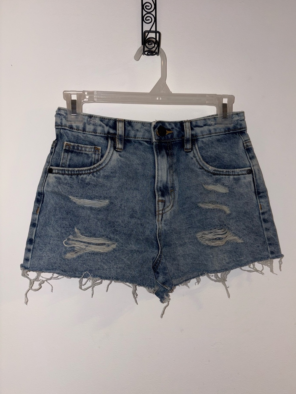 High-Rise Distressed Denim Shorts - Light Blue